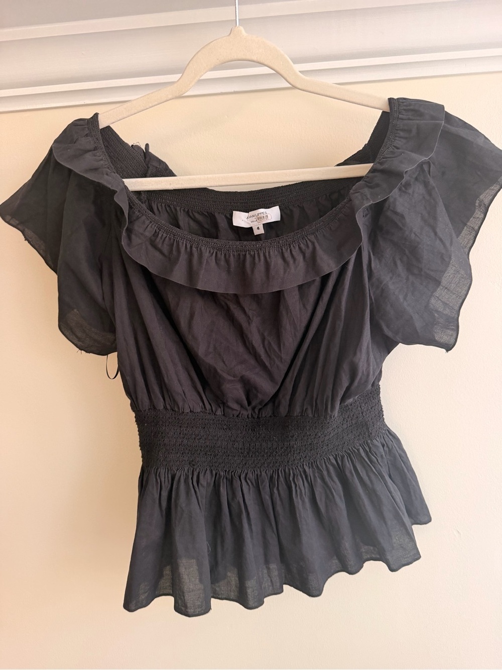 Adam Lippes Black Ruffle-Neck Smocked Peplum Top
